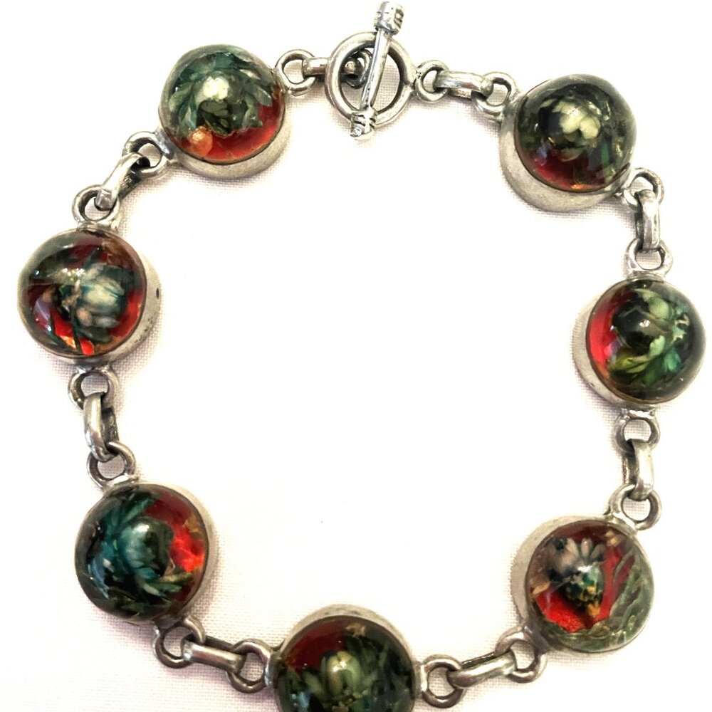 8"  Stainless Steel Bracelet 7 Incased Bubble Links Flowers 3/4" wide /1/2" tall